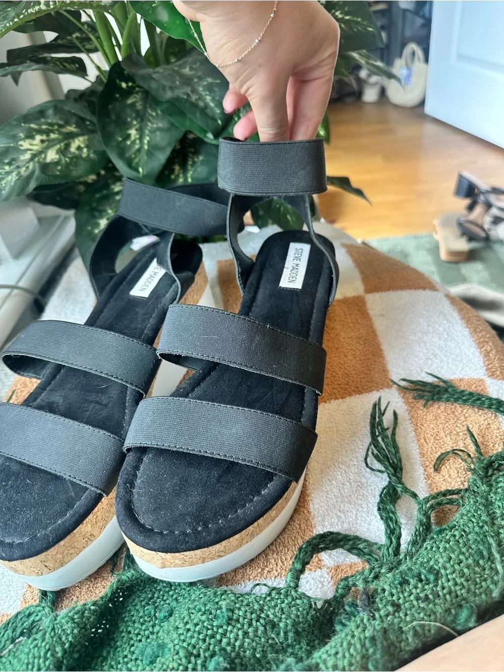 Steve Madden Black Cork-Platform Strappy Sandals